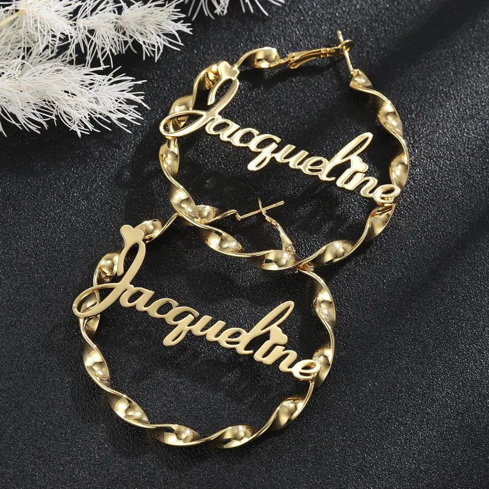 MYDIY Custom Name Hoop Earrings – Personalized Stainless Steel Twist Hoops