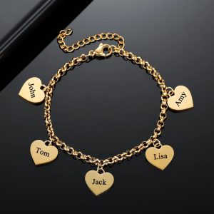 Gold Heart Charm Bracelet – Personalized Engraved Pendant Gift for Her