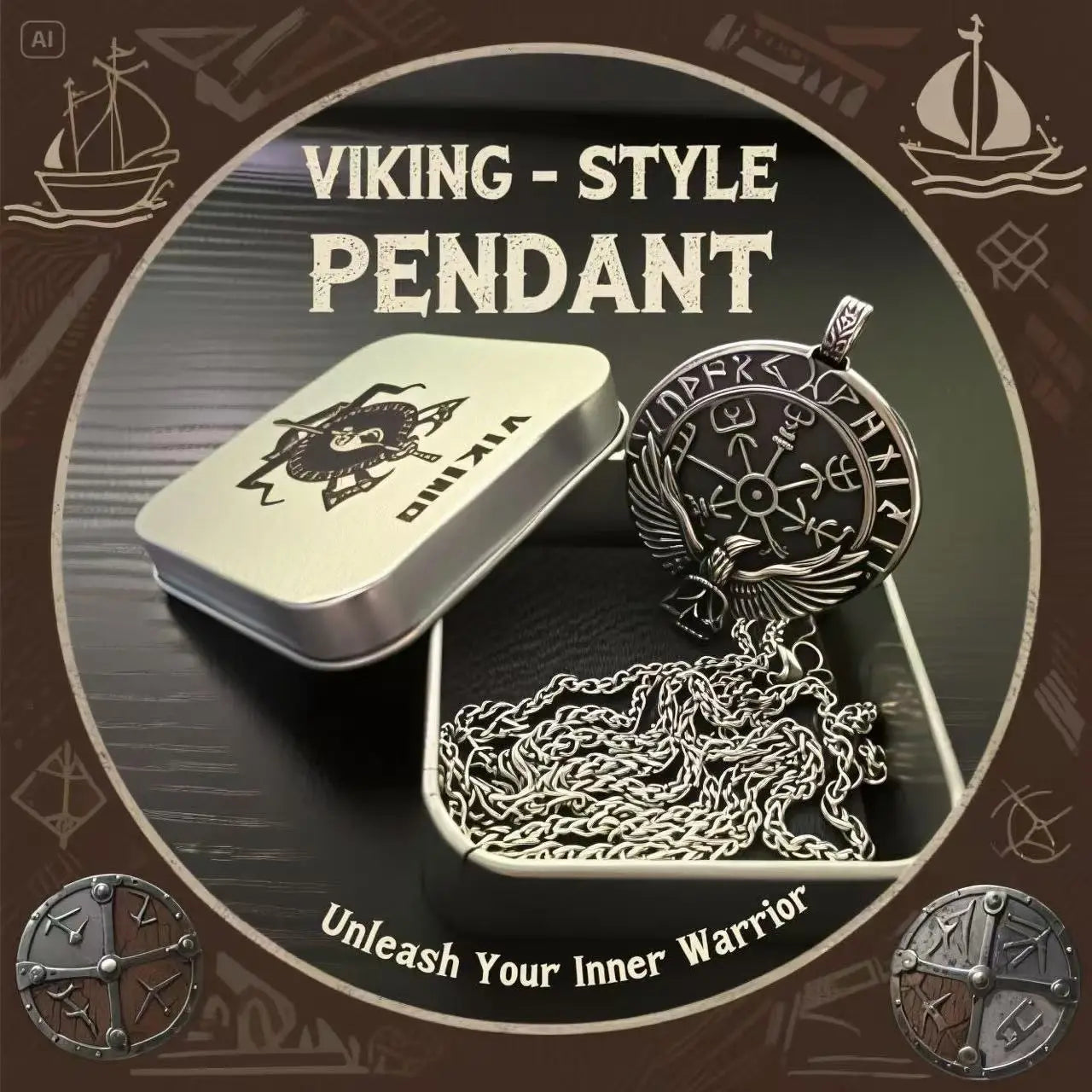 HNSP Viking Shield Pendant Necklace – 316L Stainless Steel Chain for Men - Image 14