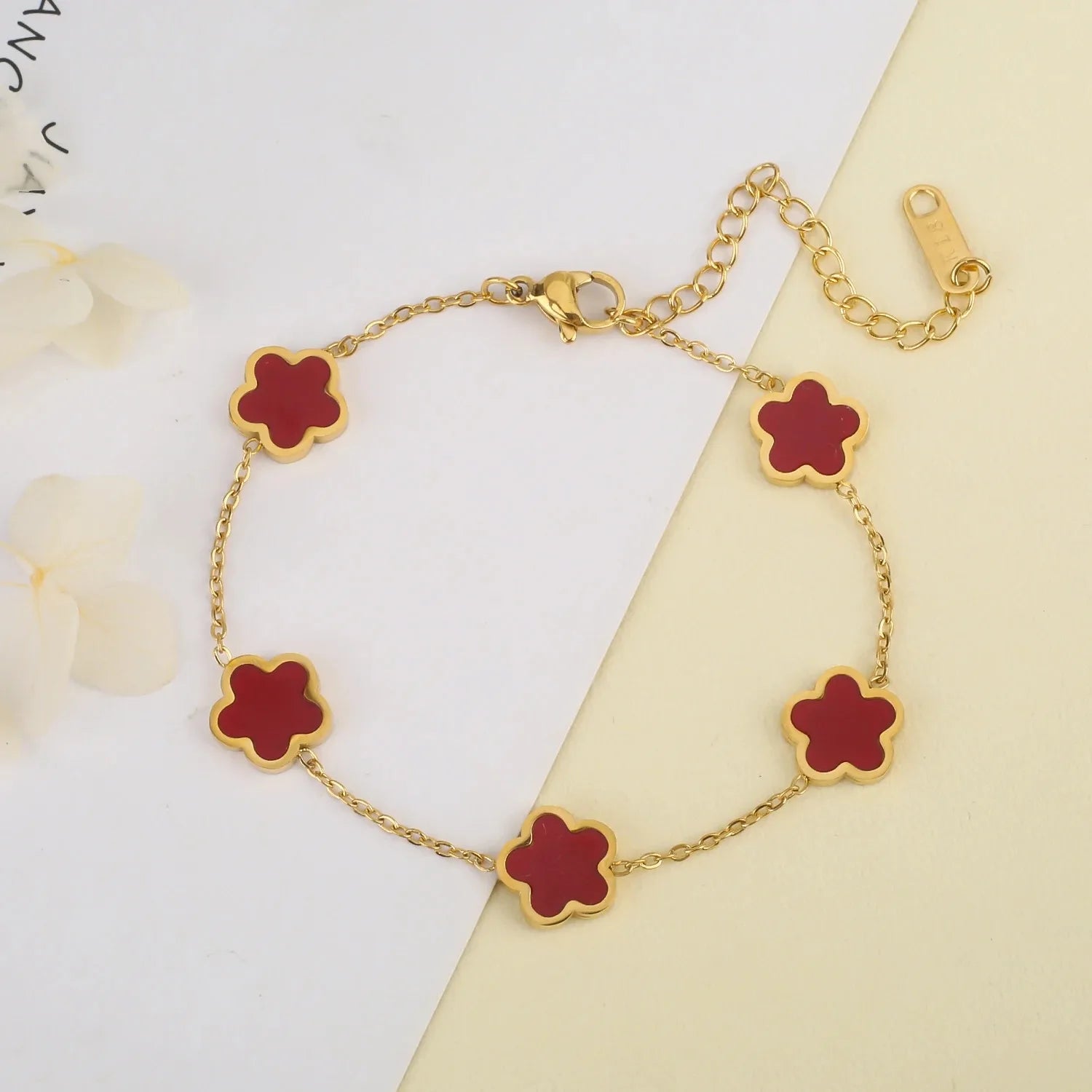 Stainless Steel Plum Blossom Bracelet – Gold Plated Five-Leaf Flower Jewelry for Women - Image 9