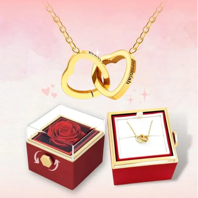 PolishedPlus Custom Names Heart Necklace – Personalized Pendant with Rotating Rose Gift Box for Women