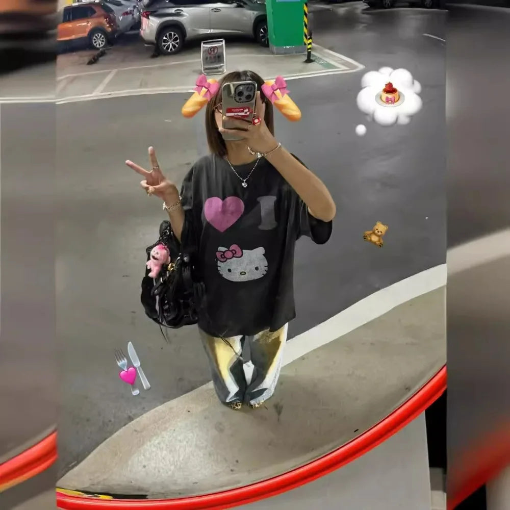 Hello Kitty Cartoon T-Shirt – Cute Loose-Fit Round Neck Casual Top for Women & Girls - Image 2