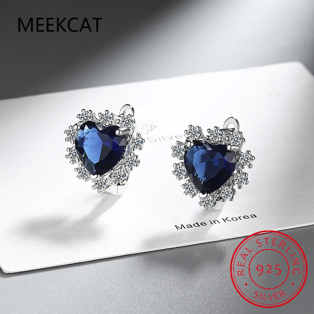 Love Heart Created Blue Sapphire Hoop Earrings – 925 Sterling Silver Fine Jewelry - Image 5
