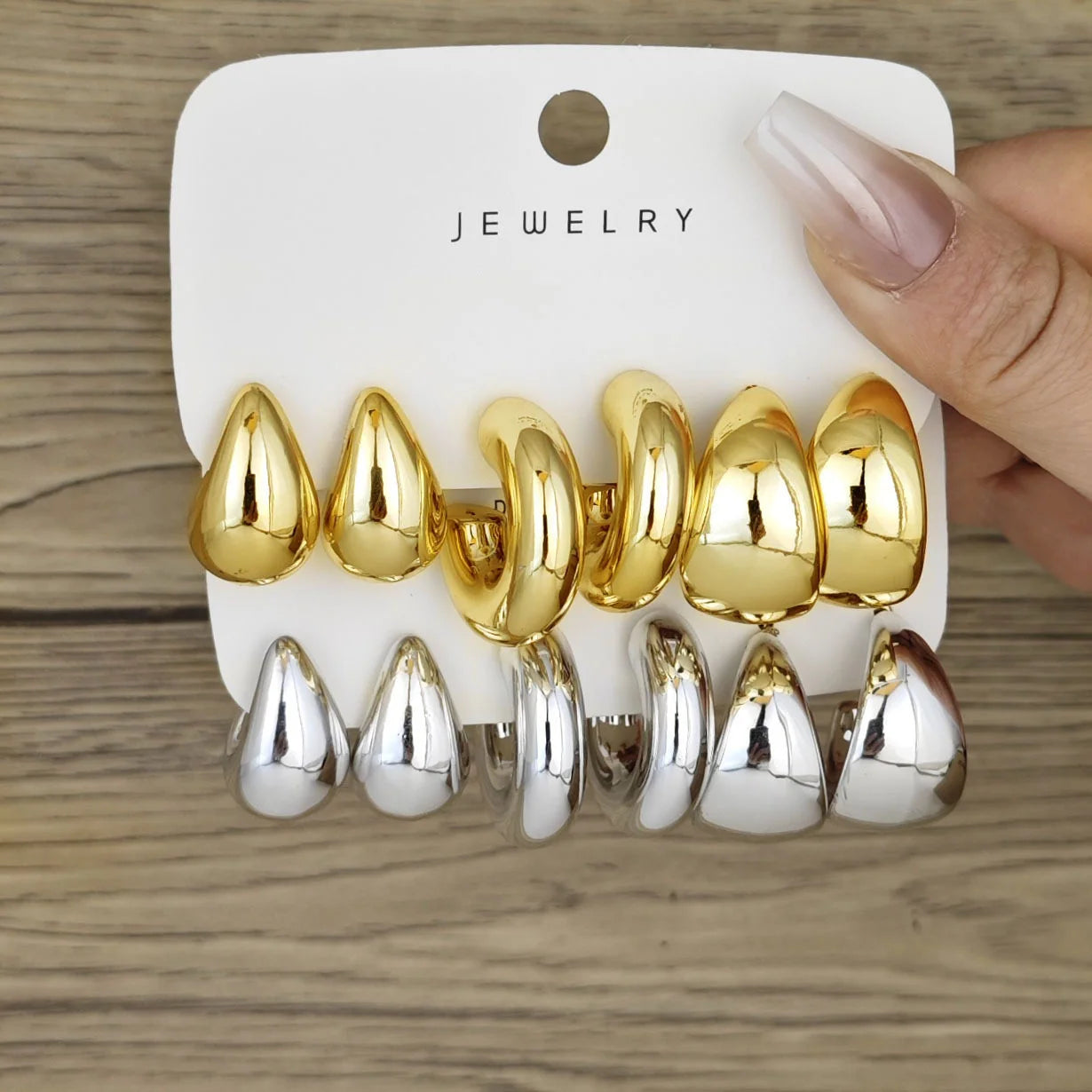 6pcs Chunky Gold Plated Waterdrop Hoop Earring Set for Women – Minimalist European & American Style