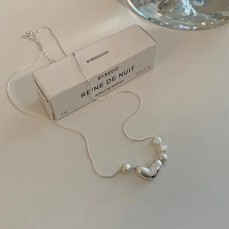 925 Silver Love Heart Pearl Necklace – Elegant & Versatile Jewelry Gift for Women