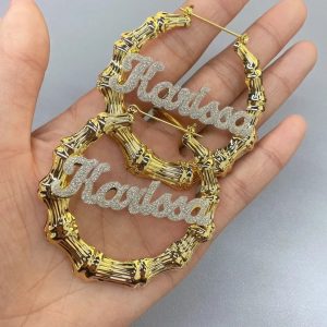 Qitian Personalized Bling Bamboo Hoop Name Earrings – Custom Hip-Hop Style Jewelry for Her