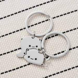 Stainless Steel Cartoon Cat Keychain – Matching Couple Key Rings for Valentine’s or Friendship Gifts