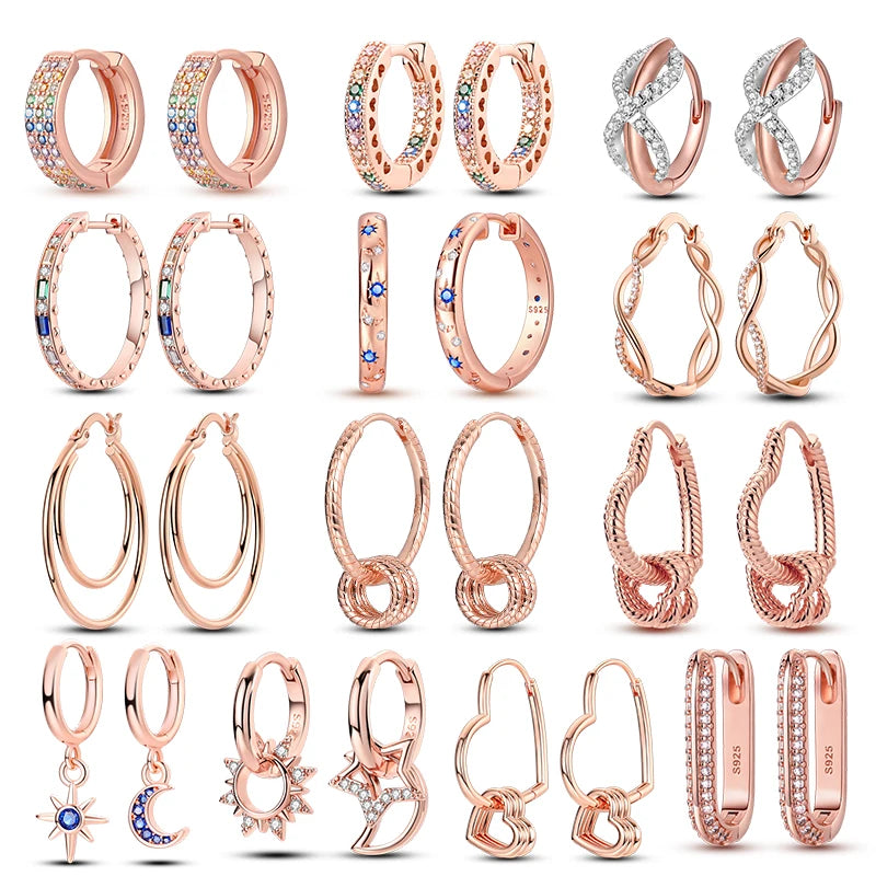 Rose Gold Star & Moon Hoop Earrings – 925 Sterling Silver Dangle Jewelry for Women