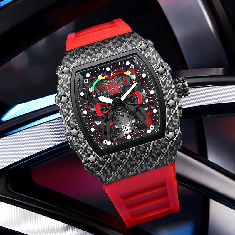 Sport Red Rubber Quartz Watch – Tonneau-Style Men's Fashion Wristwatch - Image 3